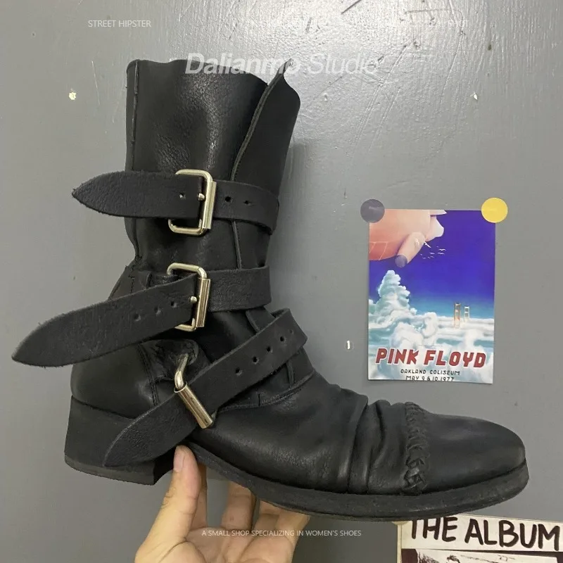 Vintage Fashion Style - Bottes de moto en cuir véritable
